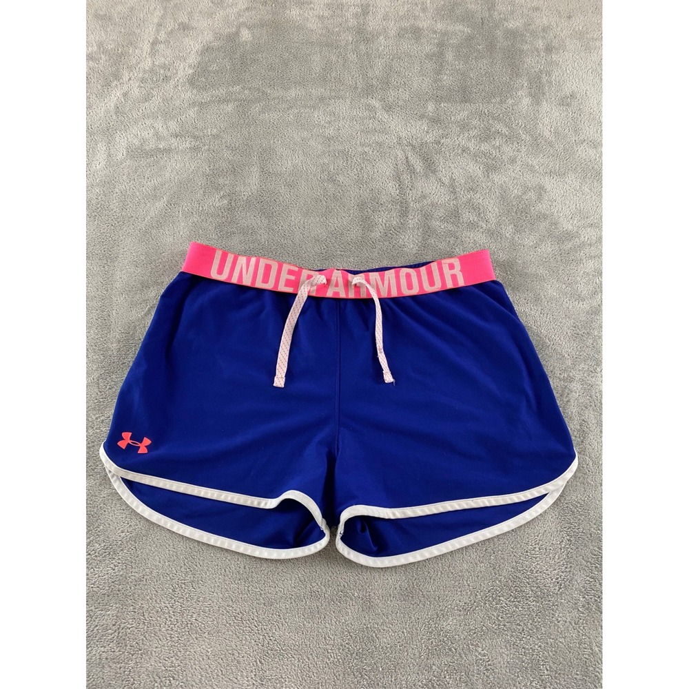 Under Armour HeatGear Womens Blue Pink Logo Waistband Athletic Shorts YXL/Small
